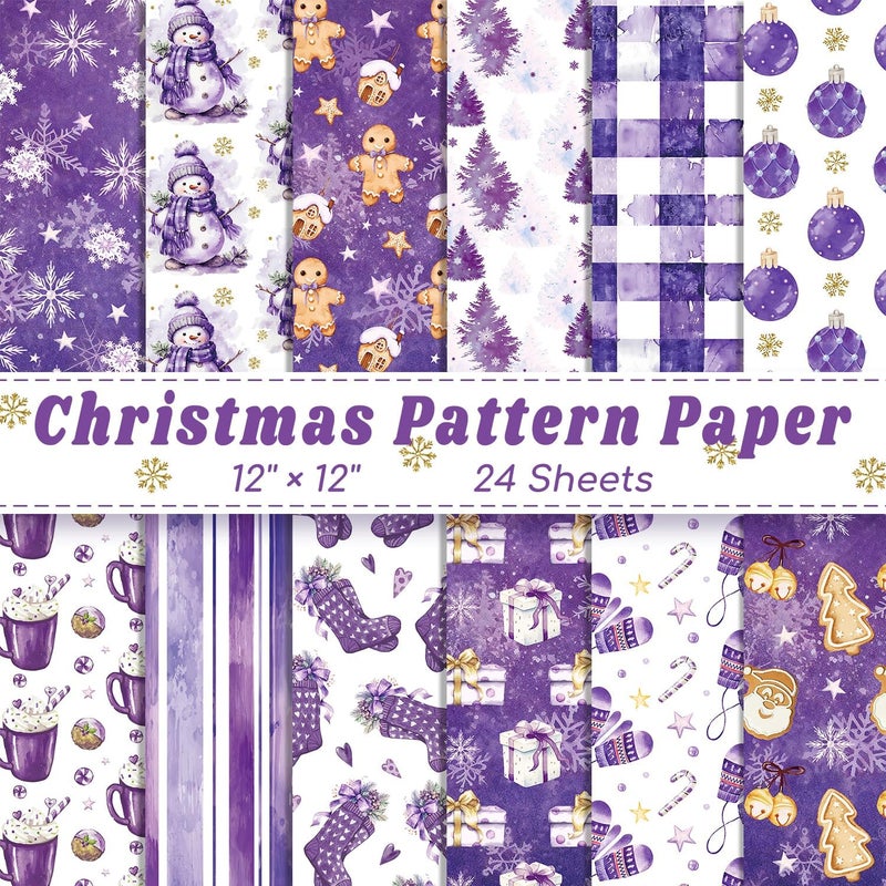Feivando 24 Sheets Christmas Scrapbook Paper 12'' × 12'' Double-Sided Watercolor Xmas Purple Pattern Paper Decorative Art Cardstock for Holiday DIY Crafts Card Making Scrapbook Supplies - Image 1